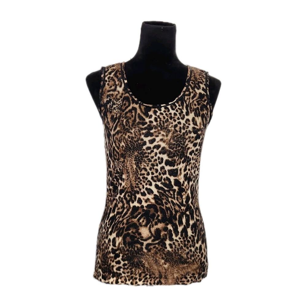 Lafayette 148 Sleeveless Leopard Print Knit Merino Blend Sequins Top Size M